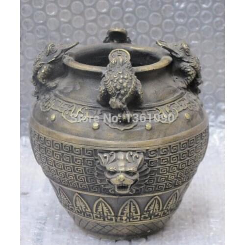 Xd 001267 6"Chinese Bronze carving gold-toad Four Frog Jinchan Lion head money box Pot