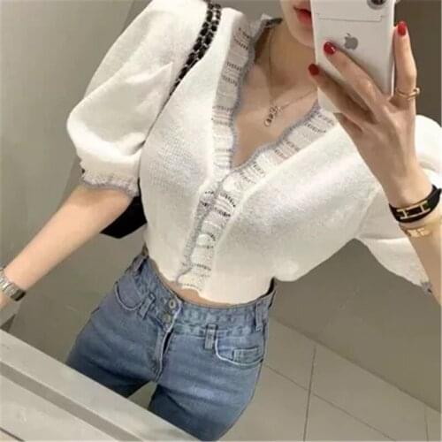 Summer Korean Style Puff Sleeve Short-sleeved Knitted Cardigan Temperament Wavy Edge V-neck Hollow Short Ice Silk Top