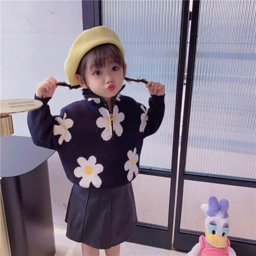 2-6 Y Baby Girls Fashion Sweaters 2020 Winter New Korean Flowers Sweater for Girl Kids Clothing Child Zipper Pullover Sweater