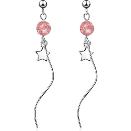 New Temperament Strawberry Crystal 925 Sterling Silver Jewelry Long Wave Ear line Five-pointed Stars Dangle Earrings SE727