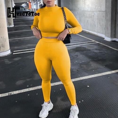 Solid Skinny Causal Sporty Two Piece Outfits Woman Navel Long Sleeve O Neck Slim Pencil 2 Piece Set Women