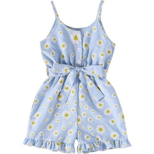 Oyolan Toddler Kids Baby Girls Clothes Sleeveless Romper Floral Print Short Jumpsuit Bodysuit Button Up Summer Outfit with Belt