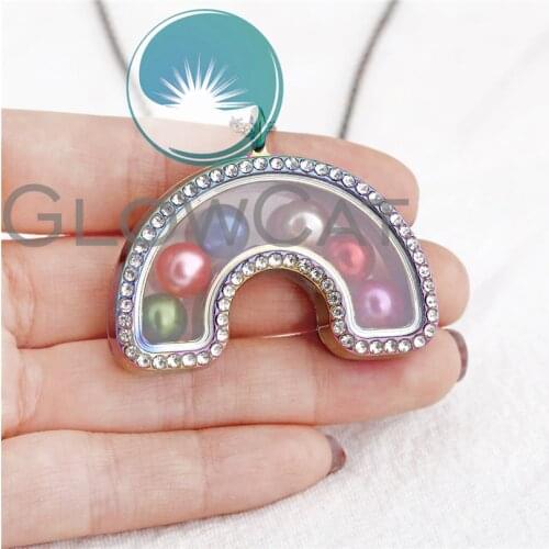 Rainbow Glass Locket Necklace Rhinestone Pendant fit 8mm Beads Pearl Cage Locket 50cm Steel Chain Necklace