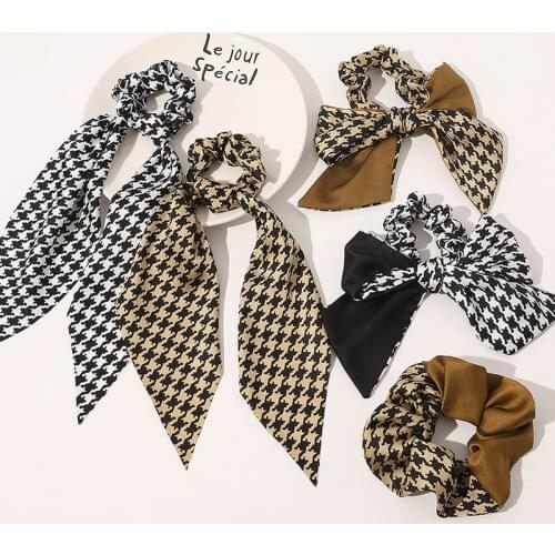 2021 Houndstooth Elastic Hair Bands For Women Long Ribbon Ponytail Scarf Hair Tie Scrunchies Ponytail Holder Hair Accessories