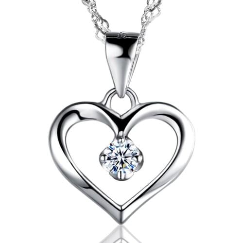 Romantic Love Heart Shape 925 Sterling Silver Cubic Zirconia Hollow Pendant Necklace Women Wedding Engagement Jewelry