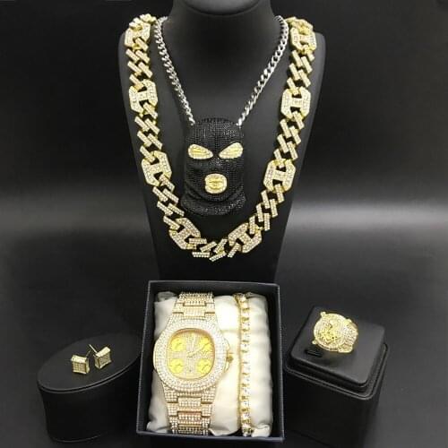 Luxury Men Gold Color Watch & Necklace & Braclete & Ring & Earrings Combo Set Ice Out Cuban In Crystal Jewerly Hip Hop For Men