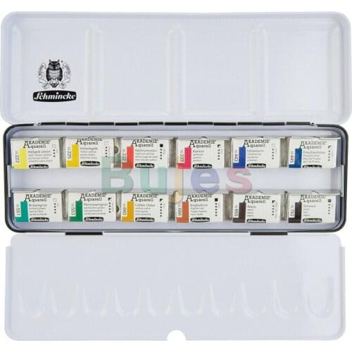 SCHMINCKE Akademie Aquarell Watercolor Set - 12 Colors Whole Pans, Art Supplies for Artist Water Color Paint Set