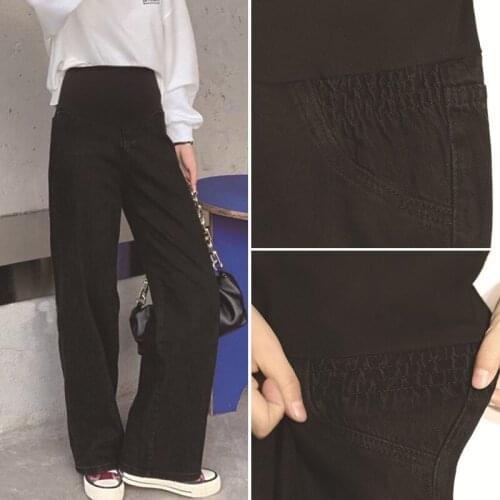 Chic Autumn Spring Denim Maternity Full Long Jeans Belly Wide Leg Loose Pants Clothes for Pregnant Women Pregnancy Trousers