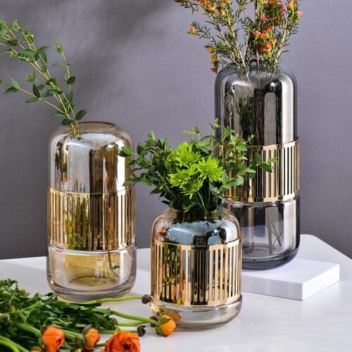 Modern Nordic Glass Vases Light Luxury Golden Wrought Iron Style Living Room Office TV Cabinet Flower Arrangement Glass Vases