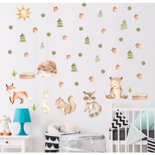 Cartoon Animal Kids Room Vinly Wall Sticker DIY Fox Rabbit Squirrel Children Bedroom Nursery Home Decor Mural Picture