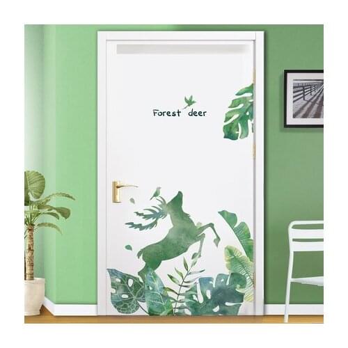 Green Leaf Forest Deer Wall Stickers 3D Door Panel Decoration Kitchen Wall Decor Cupboards Furniture Renovation Wall Painting