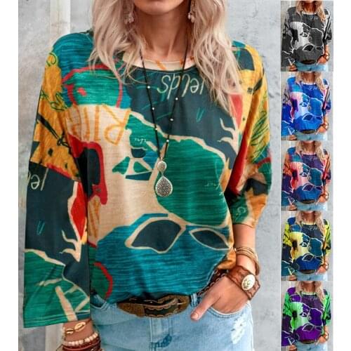 2021 Autumn Winter New Womens Tops Long-Sleeve Round Neck Graffiti Printed T-Shirts Pullover Ladies Clothing Casual Streetwear