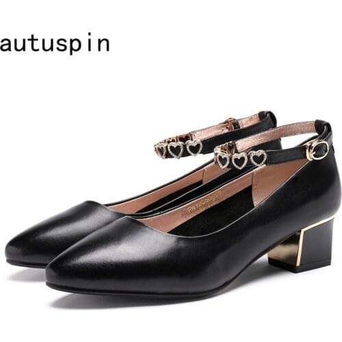 Autuspin Women Basic Square Heels Fashion Cow Leather Thick Heels Pumps for Ladies Office Working Party Concise Shoes Handmade