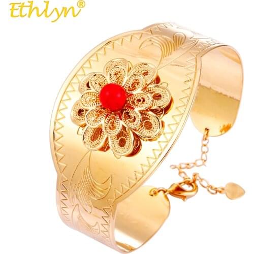 Ethlyn Vintage Women Bracelet Ethnic Wide Flower Bangles Ethiopian Middle East Personality Adjustable Bracelets&Bangles Party