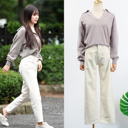 Kpop TWICE EXO IU Seo Yea Ji fashion long sleeved V-neck pullover sweaters+loose Straight Wide leg jeans women two piece outfits