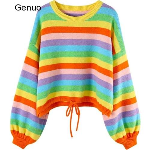 Rainbow Stripe Women Sweater Cute Pullover 2020 Autumn Knit Oversized Tops Lantern Sleeve Drawstring Lace Up Short Jumper