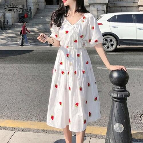 Lantern Sleeve V-Neck Strawberry Dress New Plus Size White Women Dress Vintage Cotton Women Dresses Summer 2021 Vestidos 9372