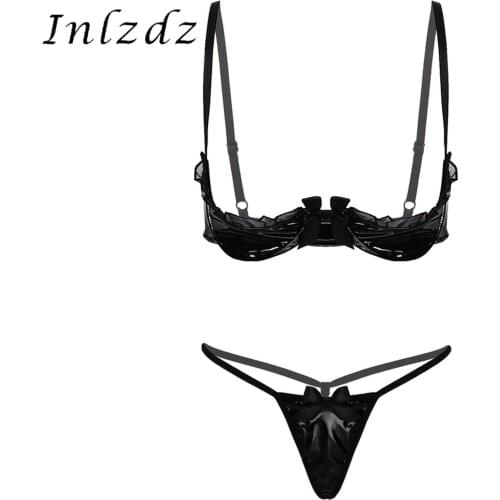 Womens Lingerie Bra Panties Patent Leather Erotic Sexy Clothing Lace Trimmed Underwired Hot Bra Tops with G-string Thong Briefs