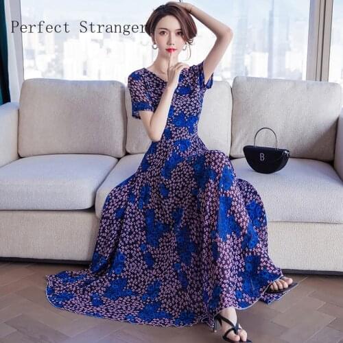 2021Summer New Arrival Bohemian Style S-3XL Round Collar Short Sleeve Flower Printed Women Chiffon Long Dress