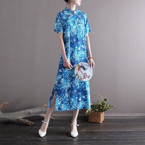 Women Loose Cotton Linen Printed Dress Ladies Qipao Dresses Female 2020 Summer Cheongsam Dresses
