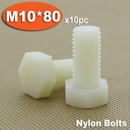10pcs DIN933 M10 x 80 Fully Threaded White Plastic Nylon Bolts Hexagon Hex Head Bolt Set Screw Setscrews