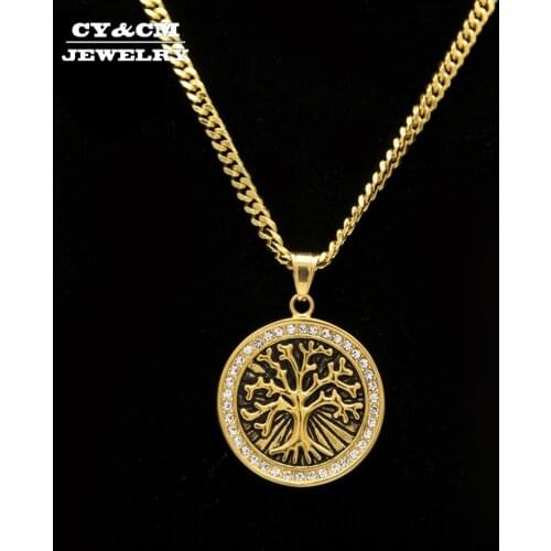 CY&CM Vintage Celtic Tree of Life Pendant Necklace Rhinestone Iced Out Bling Hip Hop Gold Color Stainless Steel Men Women Gift