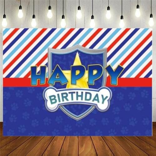 Dog Paw Birthday Party Photography Backdrop For Kids Boy Policemen Blue Shield Stripe Bone Ready to Take Action Background