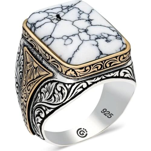 Solid 925 Sterling Silver Ring with Natural Rectangle White Turquoise Gemstone and Vintage Style Made in Turkey Gifts for Men