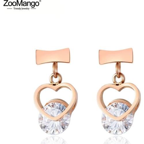 ZooMango Fashion Cubic Zirconia Earrings Jewelry Titanium Steel Hollow Heart-shaped Earrings For Women Girls ZE17039
