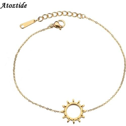 Atoztide Trendy Healing Lucky Hollow Sun Flower Bracelets Adjsutable Charm Gold Stainless Steel Crown Bracelets