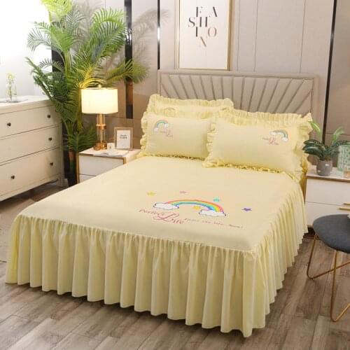 Cilected Rainbow Print Bed Skirt Single Layer Lotus Leaf Lace Bedspread Ins Children Room Bed Cover Non-Slip Sheet Home Decor