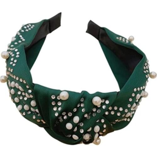 Retro Green Crystals Pearls Knot Hairband Women Headdress Solid Satin Headband Full Crystals Decorated Women Head Band Pearls