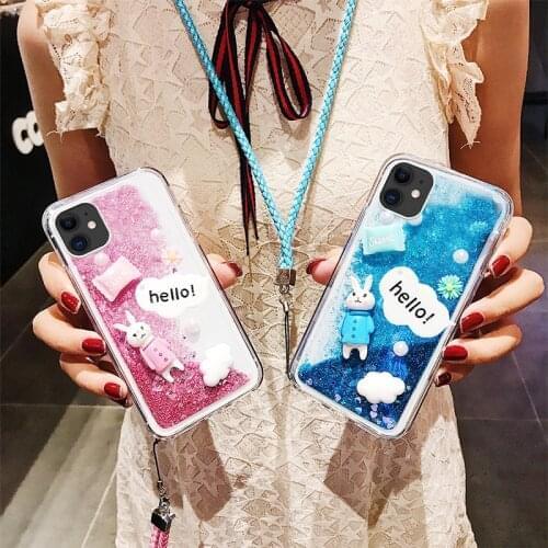 Cute Rabbit Glitter Liquid Silicone Case For Xiaomi Poco M3 X3 NFC Pro Dynamic Quicksand Cover with Lanyard