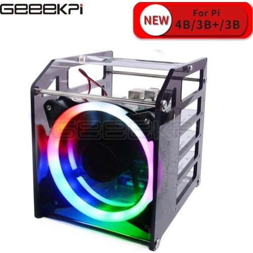 GeeekPi Rack Tower 4 Layer Acrylic Cluster Case Large Cooling Fan LED RGB Light for Raspberry Pi 4 B / 3 B + / 3 B / Jetson Nano