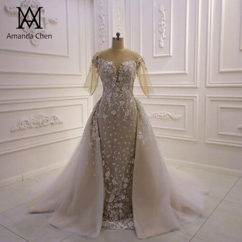 Robe de mariee sirene Half Sleeves Lace Removable Train Wedding Dress