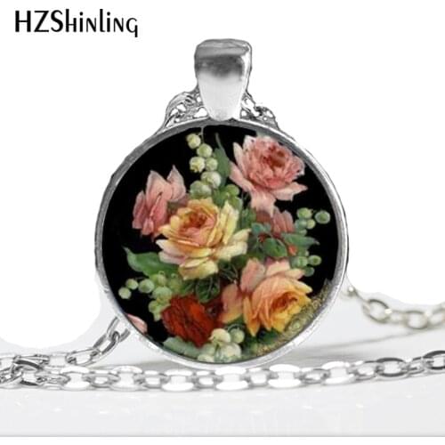 Vintage Necklace Vintage Floral Necklace Vintage Floral Flower Glass Tile Necklace Pendant Glass Dome Necklace HZ1