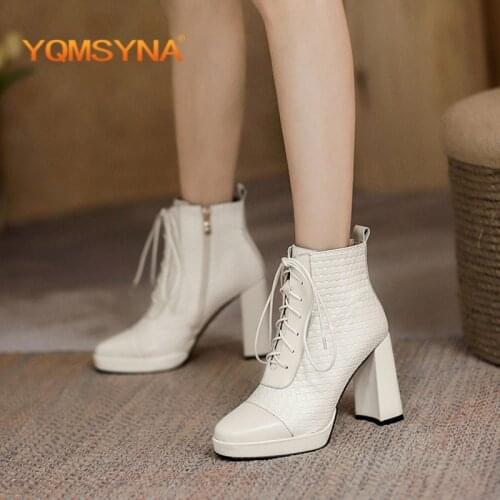 YQMSYNA Fashion Ankle Boots Casual Square Heel Round Toe Genuine Leather High Heel Convenient Lace-up Commute Women Shoes AS319