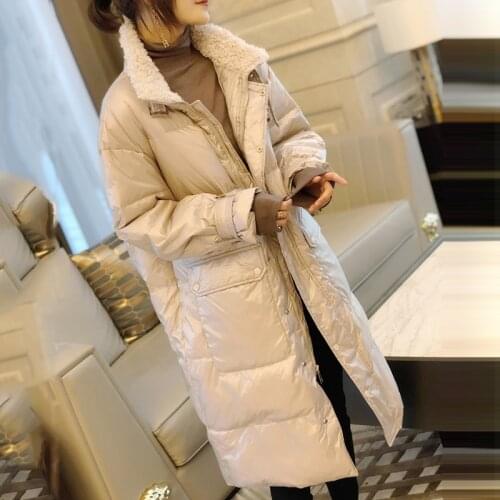 Women Lamb Fur Turn Down Collar Winter 90% White Duck Down Parka Long Down Jackets Loose Street Thick Bread Outerwear