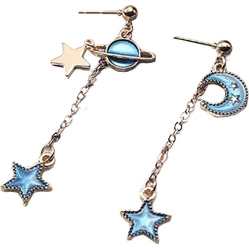 New Fashion Blue Space Universe Moon Star Earrings For Women Gold Color Universe Planet Circle Asymmetry Long Earrings