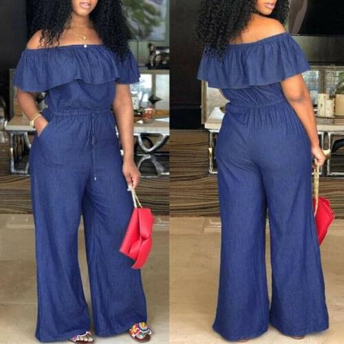 Women Ruffles Off Shoulder Long Romper Jumpsuit Bodysuit Trousers Overall Wide Leg Trousers Plus Size