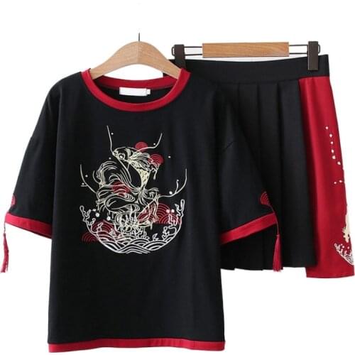 Women Set Chinese Style Creative Embroidery T-shirt Female Loose Tassel Short Sleeve + Pleated Skirt Two Piece Sets 2118321