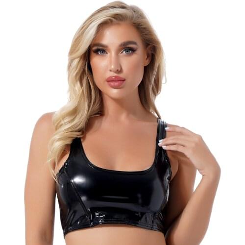 Womens Latex Patent Leather Cropped Tank Tops Wet Look Crop Top U Neck Zipper Back Wide Shoulder Straps Vest Top Party Clubwear