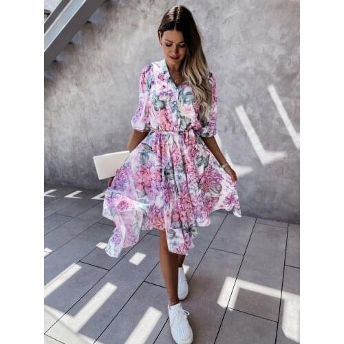 Summer Floral Dress Women Elegant Short Sleeve Button Up Dresses Irregular Ruffles Flowy Button Up Dresses Woman 2021 robe femme