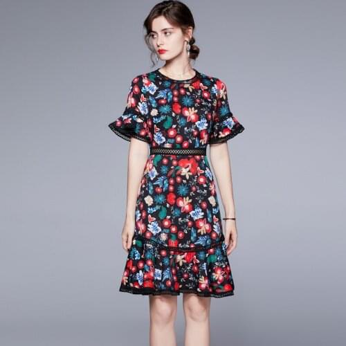 Fashion Runway Summer Dress WomensRuffles Flare Sleeve Hollow out Lace Vintage Print Bodycon Mini Dress Vestidos k7018