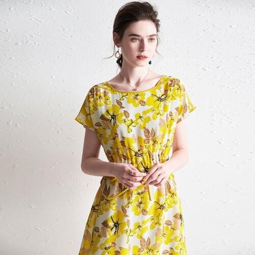 White Yellow Floral Silk Crepe Dresses Women Elastic 2021 Summer Long Casual Sexy Office Work Daily Dress Plus Size Slim A Line