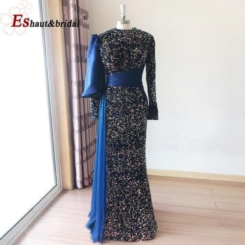 Elegant Muslim Sequin Mermaid Evening Dress for Women 2021 Long Sleeves O Neck Formal Prom Party Gowns