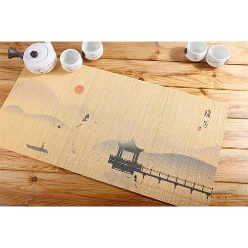 1 pcs Chinese style napkin insulation pad Hand-woven bamboo slip-proof decorative printing table mat Kung Fu tea set mat 30*60cm