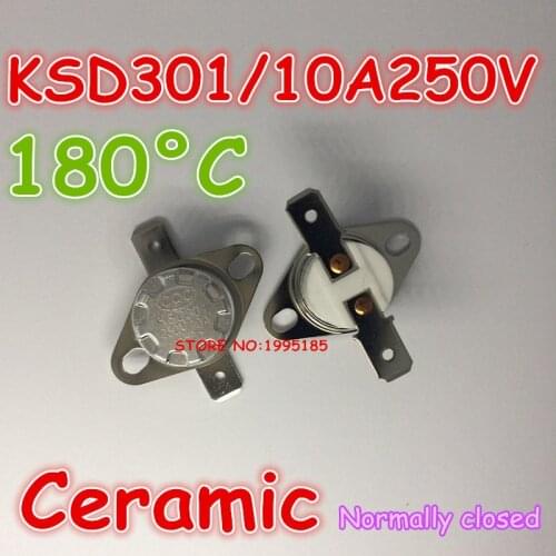 10pcs/lot KSD301 10A 250V 180 degrees 180 C Normal Close NC ceramic Temperature Controlled Switch Thermostat