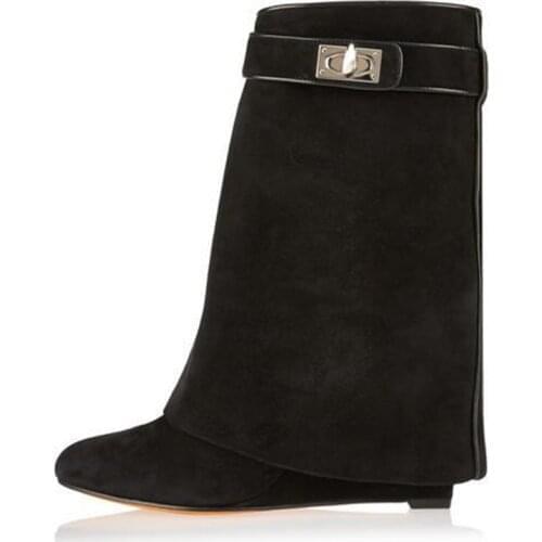 2021 Fashion Autumn Women Shoes Wedge Boots Genuine Leather Shark Lock Mid-Calf Boots Fold Increasing Botas Mujer Sho