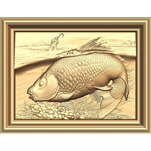 Fish Fishing 3D STL Model for CNC Router 3D Printer Artcam Aspire Bas Relief - decor painting